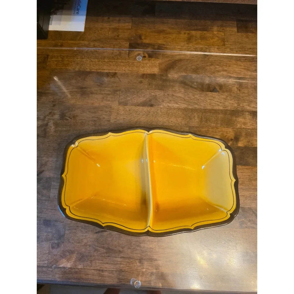 Vintage Yellow Divided Ceramic Serving Dish Scalloped Brown Rim Rectangular Tray